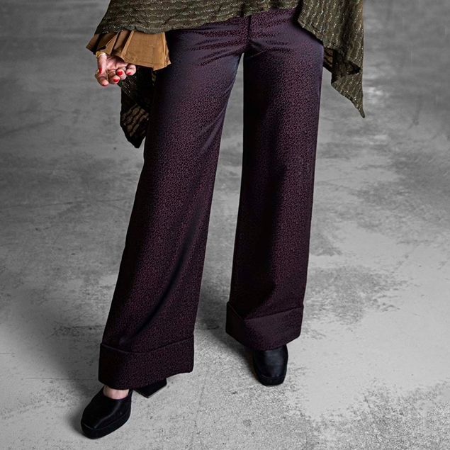 Front view of ITIZ Classic Red bootcut pants made from Turkish jacquard fabric
