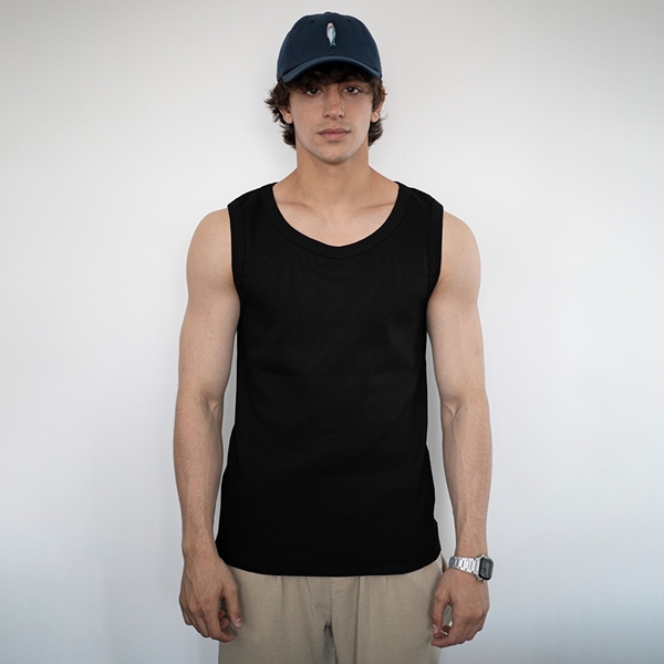 Model wearing ITIZ Flair stretch tank top in black– relaxed summer outfit