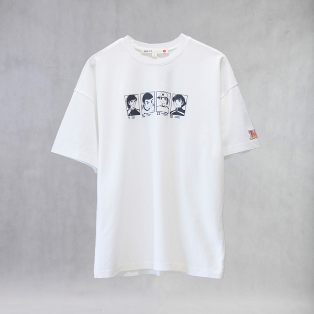 Front view of ITIZ Tsubasa white t-shirt with anime characters print