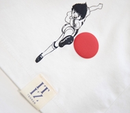 Graphic of football player and red circle on ITIZ t-shirt hem