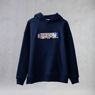 Front view of ITIZ Virgo oversize navy hoodie with chest embroidery