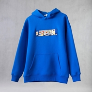 Front view of ITIZ Virgo oversize slate blue hoodie with chest embroidery