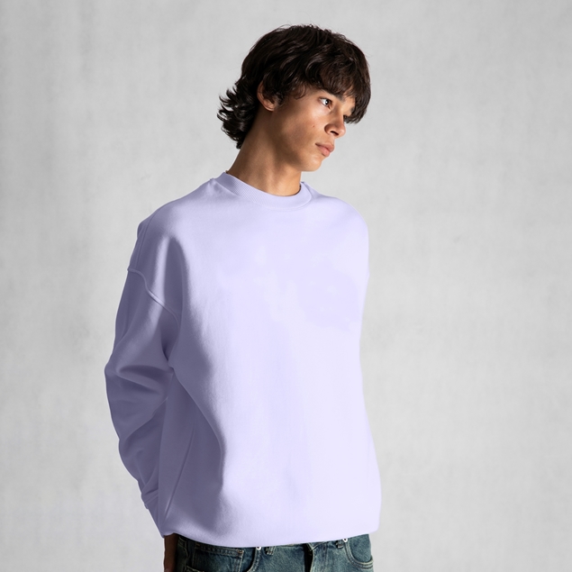 Model wearing ITIZ Eleasar oversize sweatshirt in lilac purple color