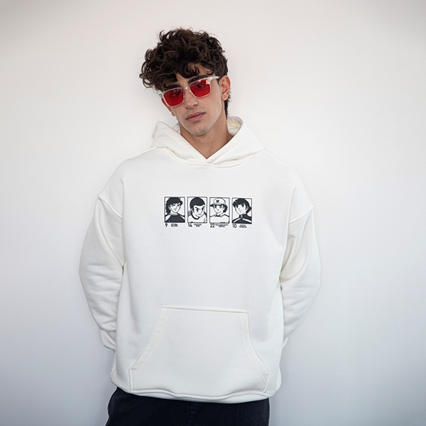 White ITIZ Football hoodie with oversized streetwear design madel